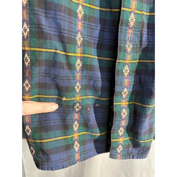Vintage Shirt Mens Large Blue Plaid Aztec Button Elbow Patch Western Green - Picture 10 of 10